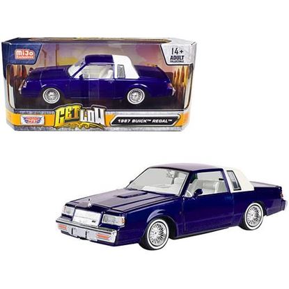 Picture of 1987 Buick Regal Candy Blue Metallic with Rear Section of Roof White and White Interior "Get Low" Series 1/24 Diecast Model Car by Motormax