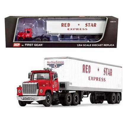 Picture of Ford LT-9000 Day Cab with Vintage 40' Dry Goods Tandem-Axle Trailer Red and White "Red Star Express" 1/64 Diecast Model by DCP/First Gear