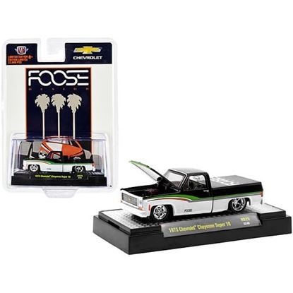 Picture of 1973 Chevrolet Cheyenne Super 10 Pickup Truck Black and White with Stripes "Foose" Limited Edition to 22000 pieces Worldwide 1/64 Diecast Model Car by M2 Machines