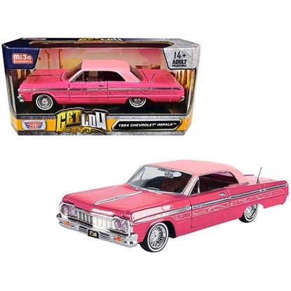 Picture of 1964 Chevrolet Impala Lowrider Hard Top Pink with Graphics and Light Pink Top "Get Low" Series 1/24 Diecast Model Car by Motormax