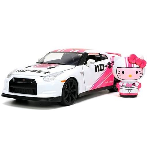 Picture of 2009 Nissan GT-R (R35) #01 White with Graphics and Hello Kitty Racing Diecast Figure "Hello Kitty and Friends: Tokyo Speed" "Hollywood Rides" Series 1/24 Diecast Model Car by Jada