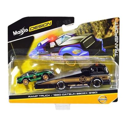 Picture of Ramp Truck #80 Dark Gray Metallic with Gold Metallic Stripes "JDM Garage" and 1980 Datsun 280ZX (S130) #80 Green Metallic with Stripes "Elite Transport" Series 1/64 Diecast Models by Maisto