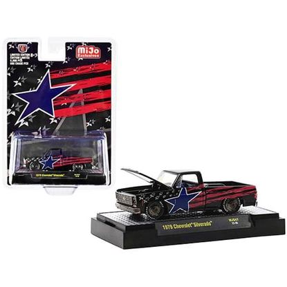 Picture of 1979 Chevrolet Silverado Pickup Truck Black with Stars and Stripes Graphics Limited Edition to 6000 pieces Worldwide 1/64 Diecast Model Car by M2 Machines