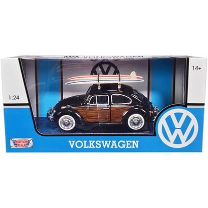 Picture of 1966 Volkswagen Beetle Black with Wood Panels and Two Surfboards on Roof Rack 1/24 Diecast Model Car by Motormax