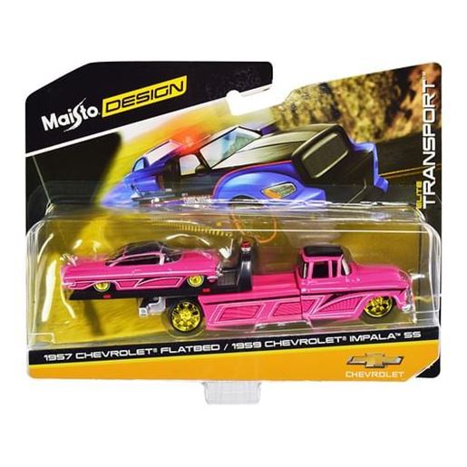 Picture of 1957 Chevrolet Flatbed Truck and 1959 Chevrolet Impala SS Hot Pink with Black Top and Graphics "Elite Transport" Series 1/64 Diecast Models by Maisto