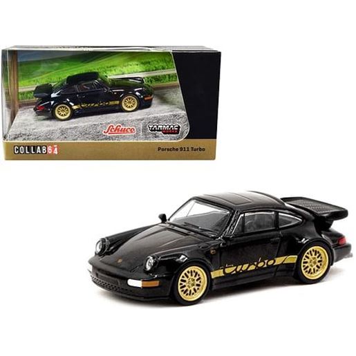 Picture of Porsche 911 Turbo Black with Gold Stripes and Wheels "Collab64" Series 1/64 Diecast Model Car by Schuco & Tarmac Works