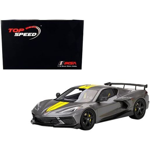 Picture of Chevrolet Corvette Stingray C8.R Hypersonic Gray with Yellow Stripes "IMSA GTLM Championship Edition" 1/18 Model Car by Top Speed