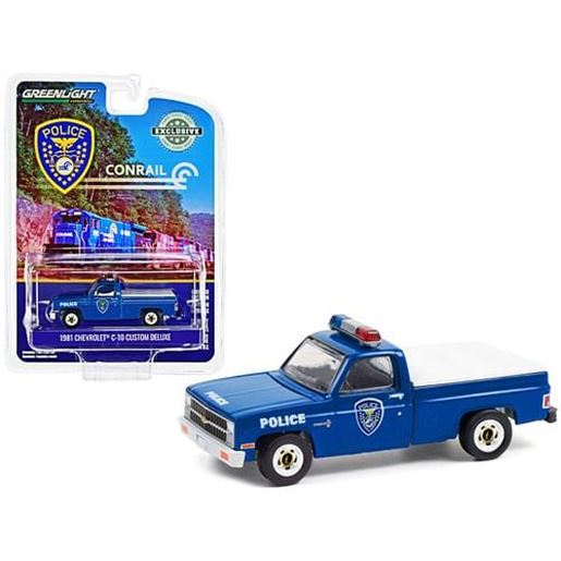 Picture of 1981 Chevrolet C-10 Custom Deluxe Pickup Truck Blue with White Truck Bed Cover "Conrail (Consolidated Rail Corporation) Police" "Hobby Exclusive" 1/64 Diecast Model Car by Greenlight