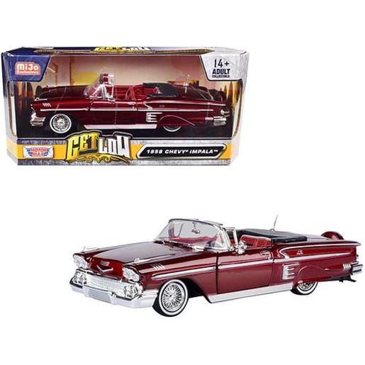 Picture of 1958 Chevrolet Impala Convertible Lowrider Dark Red Metallic with Red Interior "Get Low" Series 1/24 Diecast Model Car by Motormax