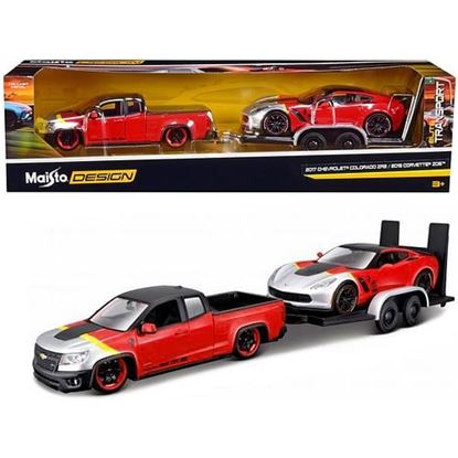 Picture of 2017 Chevrolet Colorado ZR2 Pickup Truck Red and 2015 Chevrolet Corvette Z06 Red with Flatbed Trailer Set of 3 pieces "Elite Transport" Series 1/24 Diecast Model Cars by Maisto