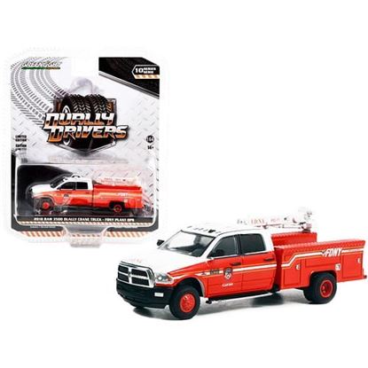 Picture of 2018 Ram 3500 Dually Crane Truck Red and White with Stripes "FDNY (Fire Department of the City of New York) Plant Ops" "Dually Drivers" Series 10 1/64 Diecast Model Car by Greenlight