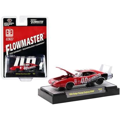 Picture of 1969 Dodge Charger Daytona HEMI #40 Red with Graphics "Flowmaster" Limited Edition to 6600 pieces Worldwide 1/64 Diecast Model Car by M2 Machines