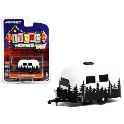 Picture of 1961 Airstream 16' Bambi Travel Trailer White with Black Forest Mural Graphics "Hitched Homes" Series 12 1/64 Diecast Model by Greenlight