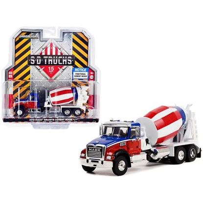 Picture of 2019 Mack Granite Cement Mixer Red and Blue with White Stripes with Red and White Striped Mixer "S.D. Trucks" Series 15 1/64 Diecast Model by Greenlight