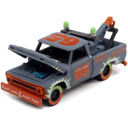 Picture of 1965 Chevrolet Tow Truck #65 Derby Smoke Gray with Graphics "Demolition Derby" "Street Freaks" Series Limited Edition to 15196 pieces Worldwide 1/64 Diecast Model Car by Johnny Lightning