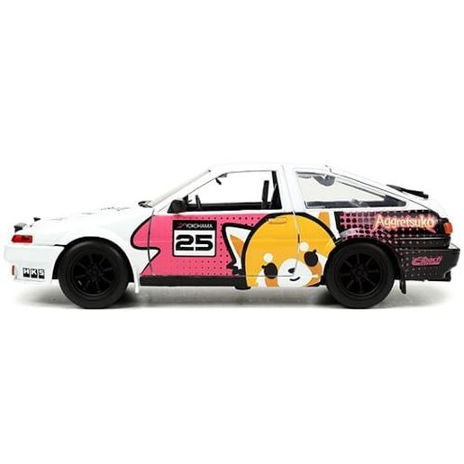 Picture of 1986 Toyota Trueno (AE86) RHD (Right Hand Drive) #25 White with Graphics and Aggretsuko Diecast Figure "Aggretsuko" "Anime Hollywood Rides" Series 1/24 Diecast Model Car by Jada