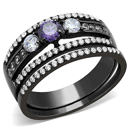 Picture of DA001 - Stainless Steel Ring IP Black(Ion Plating) Women AAA Grade CZ Amethyst