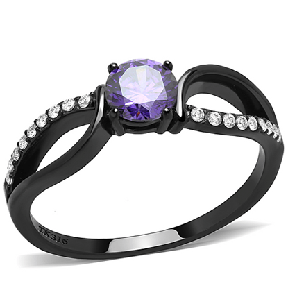 Picture of DA003 - Stainless Steel Ring IP Black(Ion Plating) Women AAA Grade CZ Amethyst