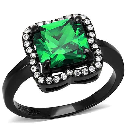 Picture of DA029 - Stainless Steel Ring IP Black(Ion Plating) Women AAA Grade CZ Emerald