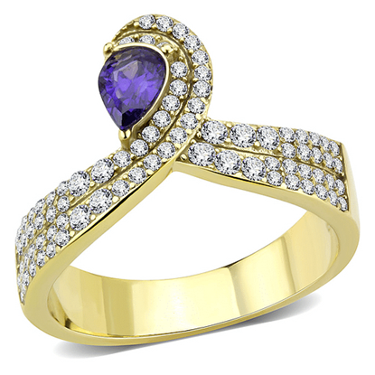 Picture of DA304 - Stainless Steel Ring IP Gold(Ion Plating) Women AAA Grade CZ Tanzanite