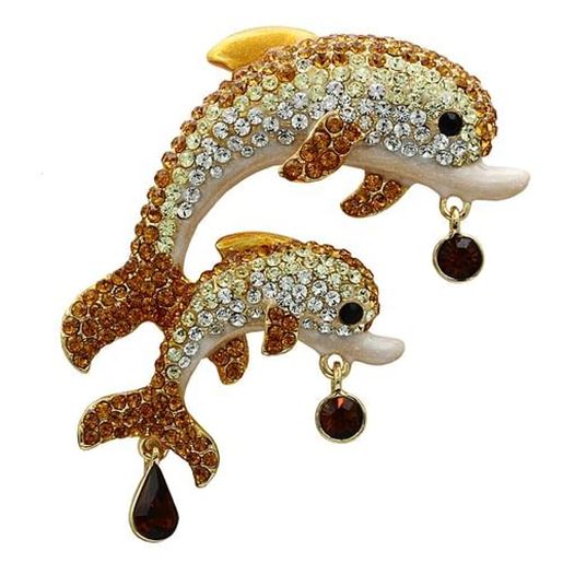 Picture of LO2413 - White Metal Brooches Gold Women Top Grade Crystal Multi Color