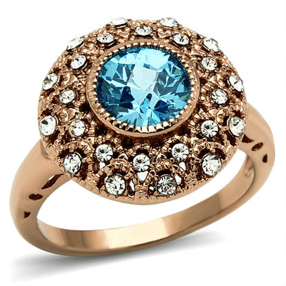 Picture of LO3535 - Brass Ring Rose Gold Women AAA Grade CZ Sea Blue