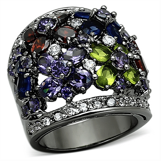 Picture of LOA884 - Brass Ring Ruthenium Women AAA Grade CZ Multi Color