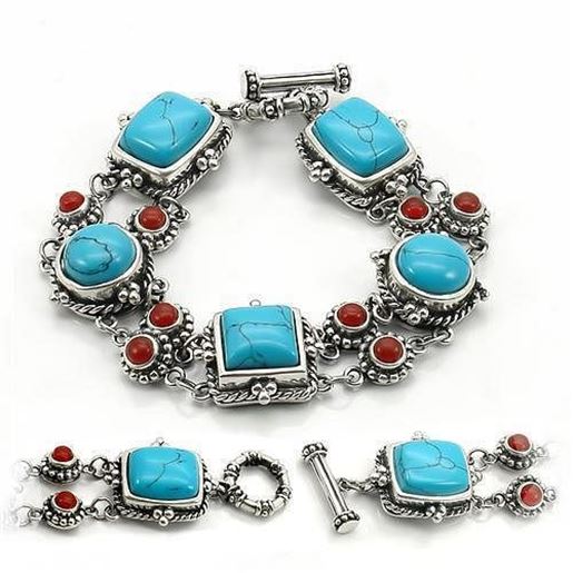 Picture of LOS270 - 925 Sterling Silver Bracelet Antique Tone Women Semi-Precious Turquoise