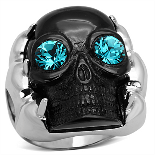 Picture of TK1118 - Stainless Steel Ring Two-Tone IP Black Women Top Grade Crystal Blue Zircon