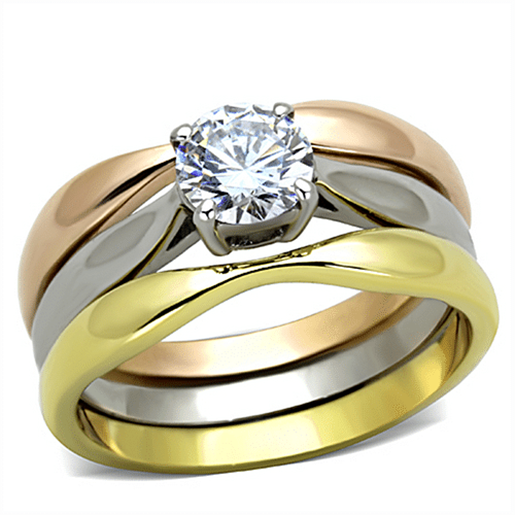 Picture of TK1278 - Stainless Steel Ring Three Tone IP?â‚¬IP Gold & IP Rose Gold & High Polished) Women AAA Grade CZ Clear