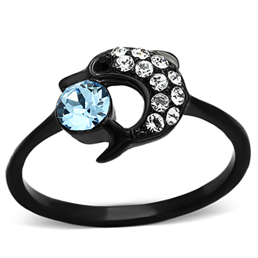 Picture of TK1302 - Stainless Steel Ring IP Black(Ion Plating) Women Top Grade Crystal Sea Blue