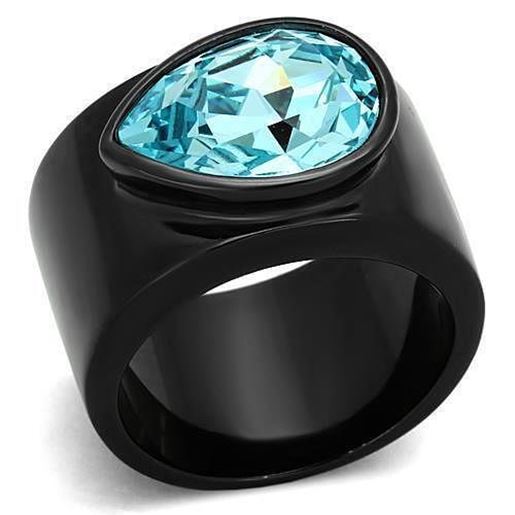 Picture of TK1363 - Stainless Steel Ring IP Black(Ion Plating) Women Top Grade Crystal Light Sapphire