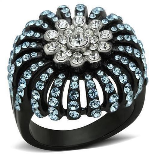 Picture of TK1442 - Stainless Steel Ring Two-Tone IP Black Women Top Grade Crystal Sea Blue