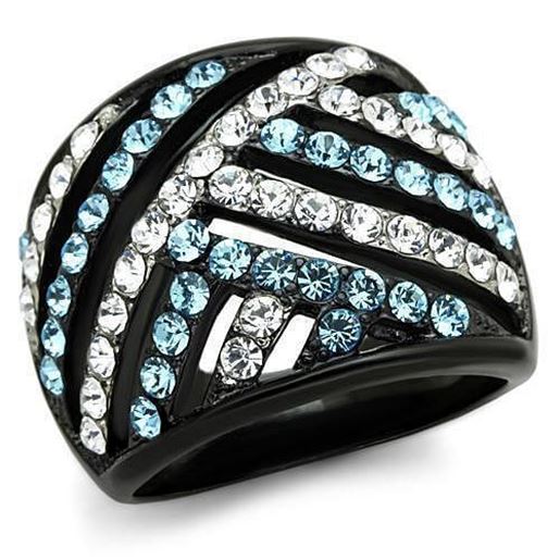 Picture of TK1663 - Stainless Steel Ring Two-Tone IP Black Women Top Grade Crystal Sea Blue