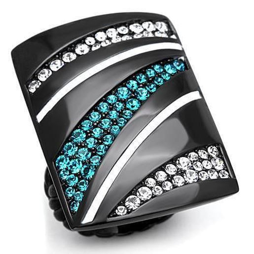 Picture of TK1736 - Stainless Steel Ring IP Black(Ion Plating) Women Top Grade Crystal Blue Zircon