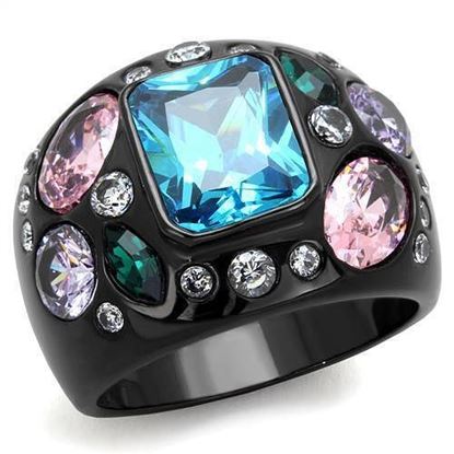 Picture of TK1790 - Stainless Steel Ring IP Black(Ion Plating) Women AAA Grade CZ Sea Blue