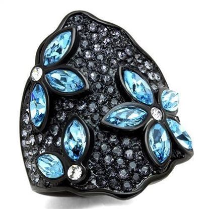 Picture of TK1834 - Stainless Steel Ring IP Black(Ion Plating) Women Top Grade Crystal Sea Blue