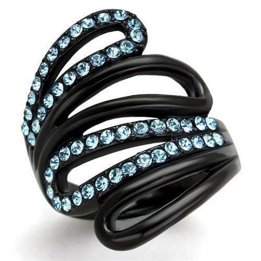 Picture of TK1835 - Stainless Steel Ring IP Black(Ion Plating) Women Top Grade Crystal Sea Blue