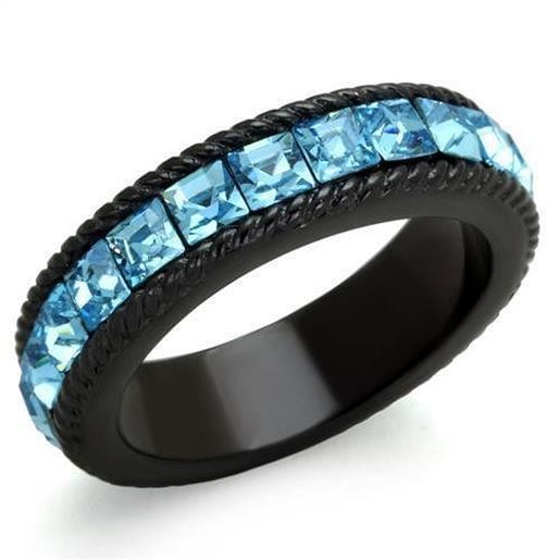 Picture of TK1867 - Stainless Steel Ring IP Black(Ion Plating) Women Top Grade Crystal Sea Blue