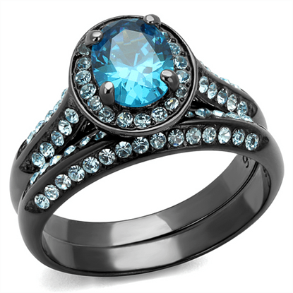 Picture of TK1W163LJ - Stainless Steel Ring IP Light Black  (IP Gun) Women AAA Grade CZ Sea Blue