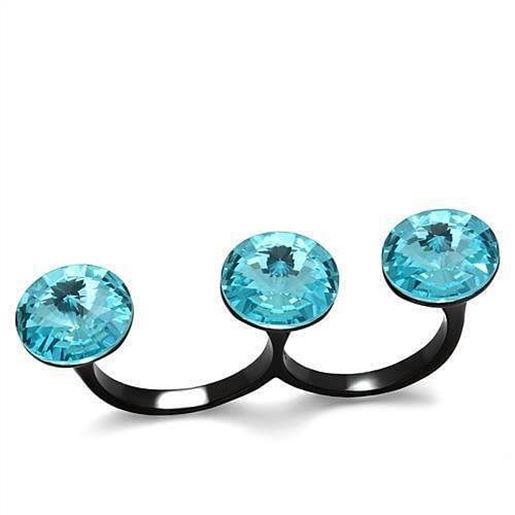 Picture of TK2103 - Stainless Steel Ring IP Black(Ion Plating) Women Top Grade Crystal Sea Blue