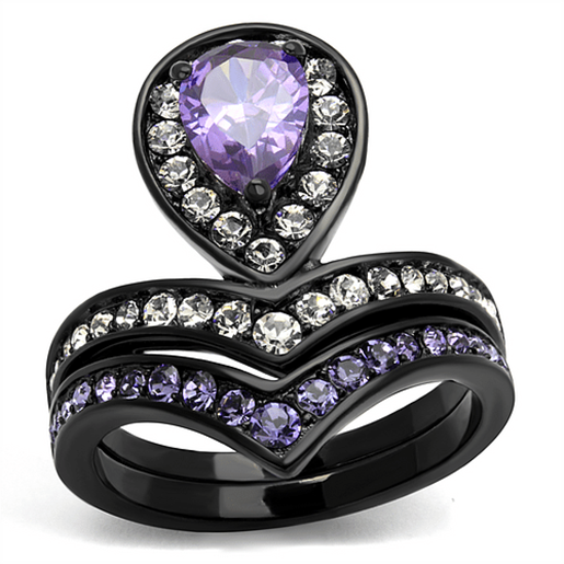 Picture of TK2186 - Stainless Steel Ring IP Black(Ion Plating) Women AAA Grade CZ Amethyst