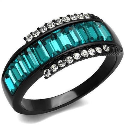 Picture of TK2190 - Stainless Steel Ring IP Black(Ion Plating) Women Top Grade Crystal Blue Zircon