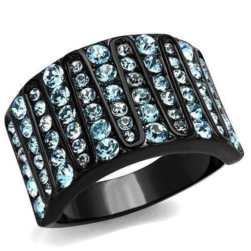 Picture of TK2198 - Stainless Steel Ring IP Black(Ion Plating) Women Top Grade Crystal Sea Blue