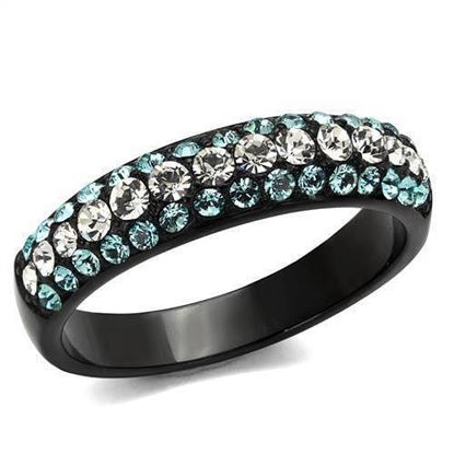 Picture of TK2205 - Stainless Steel Ring IP Black(Ion Plating) Women Top Grade Crystal Sea Blue