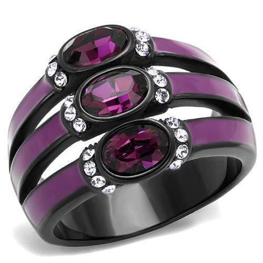 Picture of TK2213 - Stainless Steel Ring IP Black(Ion Plating) Women Top Grade Crystal Amethyst