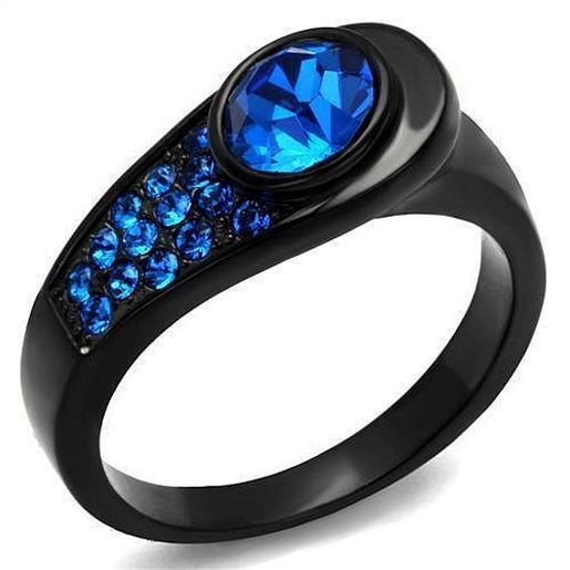 Picture of TK2279 - Stainless Steel Ring IP Black(Ion Plating) Women Top Grade Crystal Capri Blue