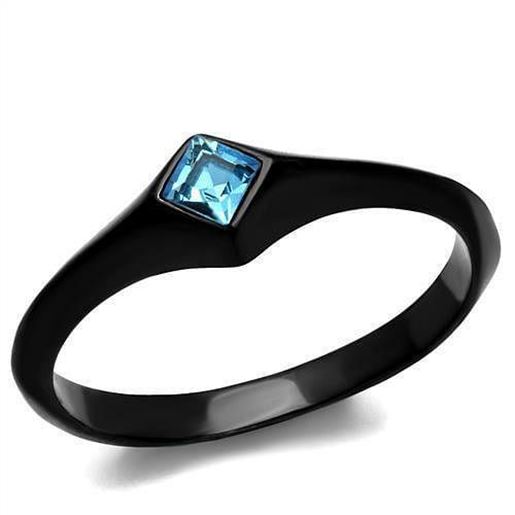 Picture of TK2284 - Stainless Steel Ring IP Black(Ion Plating) Women Top Grade Crystal Sea Blue