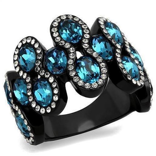 Picture of TK2289 - Stainless Steel Ring IP Black(Ion Plating) Women Top Grade Crystal Aquamarine