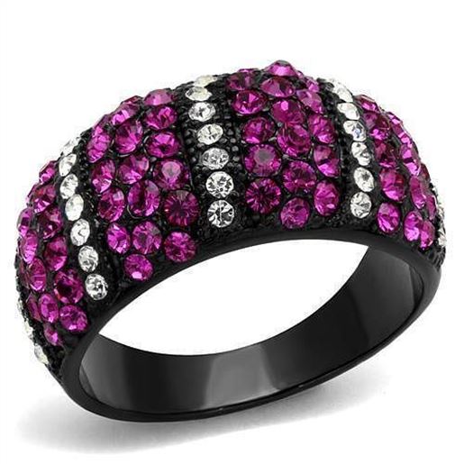 Picture of TK2356 - Stainless Steel Ring IP Black(Ion Plating) Women Top Grade Crystal Fuchsia